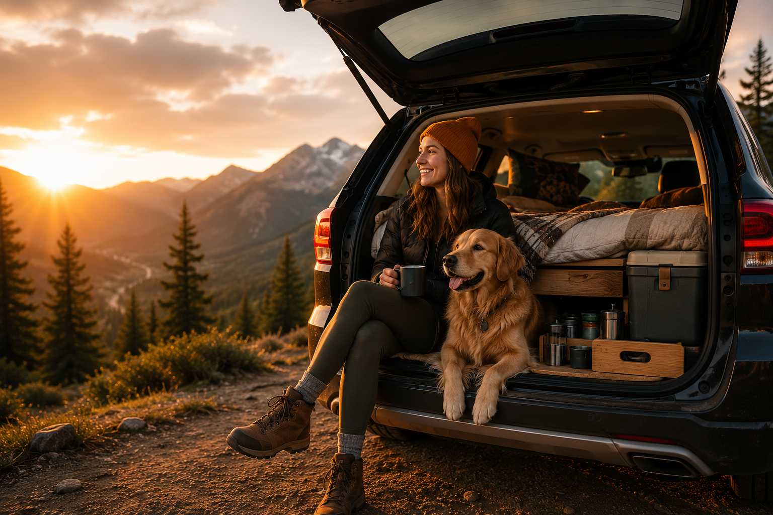 Car camping with dogs photo for our about us page showing an SUV setup at sunset