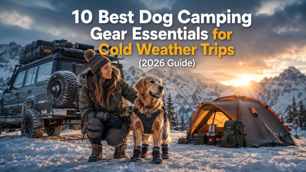 Dog Camping Gear : Alex and her Golden Retriever wearing cold weather dog camping gear at a snowy campsite with a 4x4 overland vehicle and tent at sunrise.