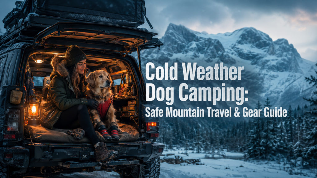 cold weather dog camping : Alex and her Golden Retriever enjoying cold weather dog camping inside a warm 4x4 tailgate, with the dog wearing winter booties and a thermal vest on a snowy mountain trip.