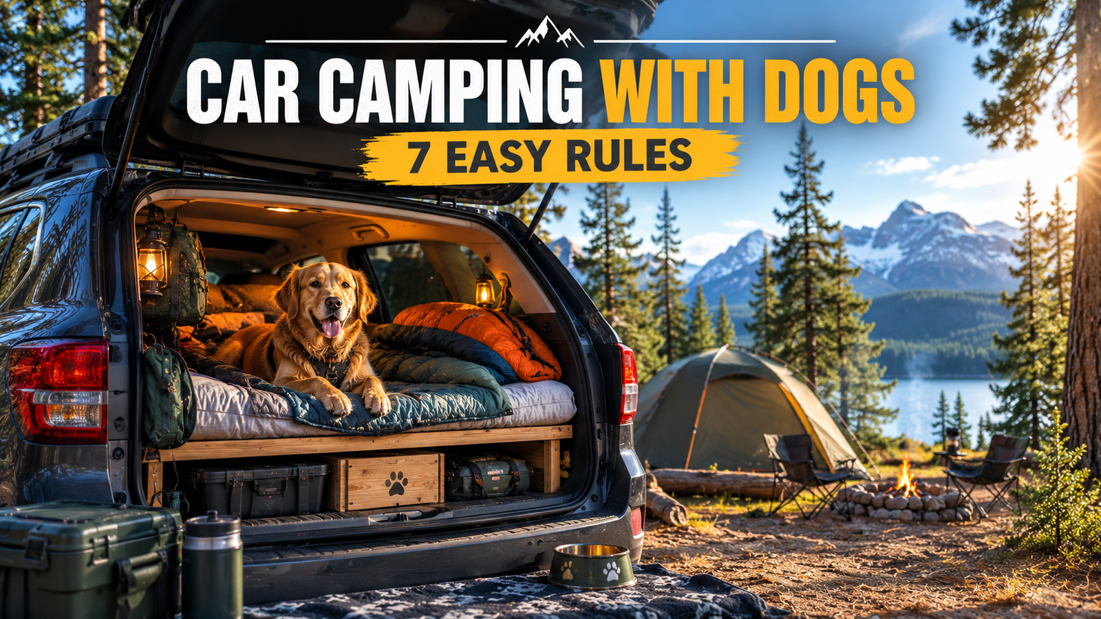A Golden Retriever relaxing in a comfortable SUV car camping setup with dogs featuring a wooden sleeping platform.
