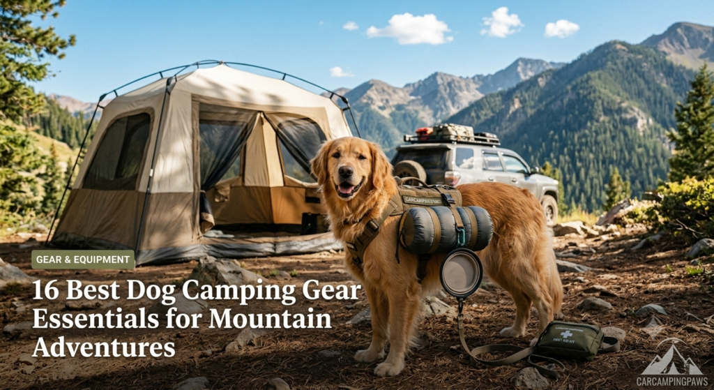 Best Dog camping gear setup with a Golden Retriever beside an SUV overlooking Yosemite National Park during golden hour.