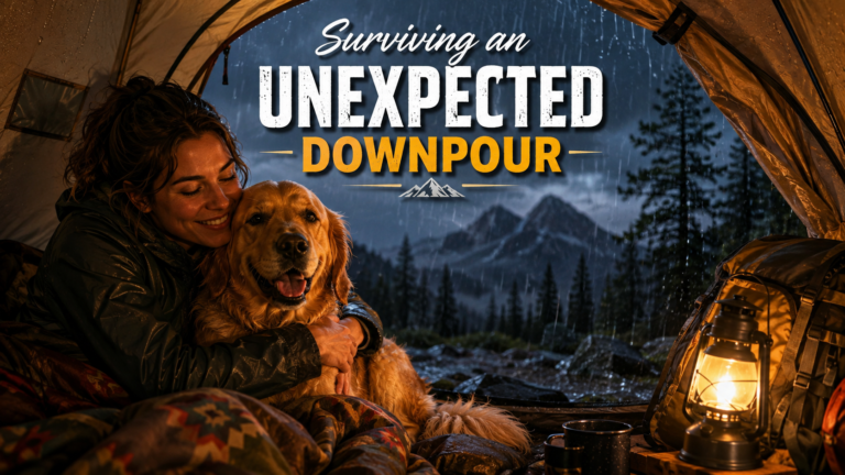 Alex hugging her Golden Retriever inside a cozy tent for a rainy mountain camping dog story.