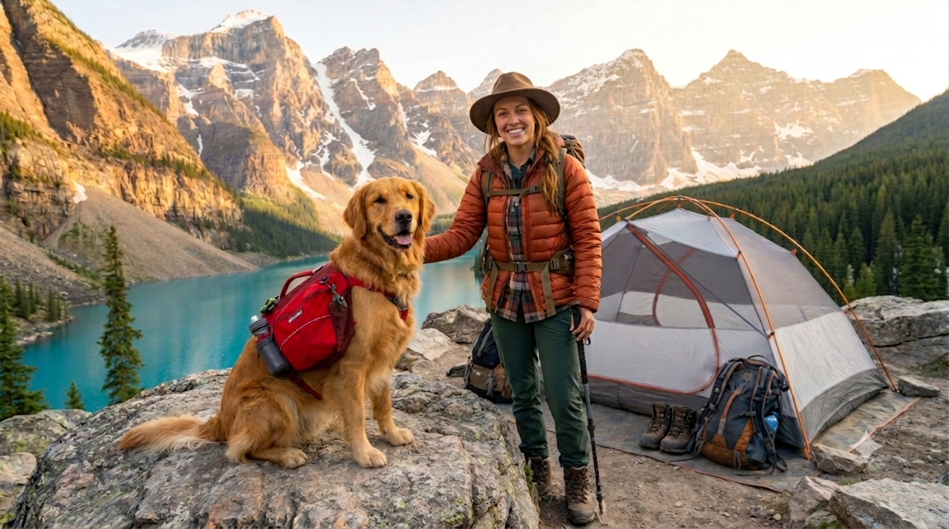 A female hiker with her Golden Retriever enjoying a backcountry dog camping trip report adventure in the Rocky Mountains.