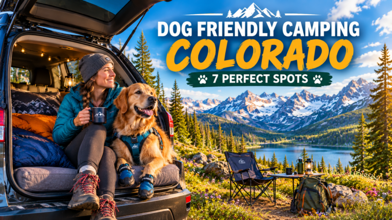 A female adventurer named Alex and her Golden Retriever relaxing in an SUV during a dog friendly camping Colorado trip near the Rocky Mountains.