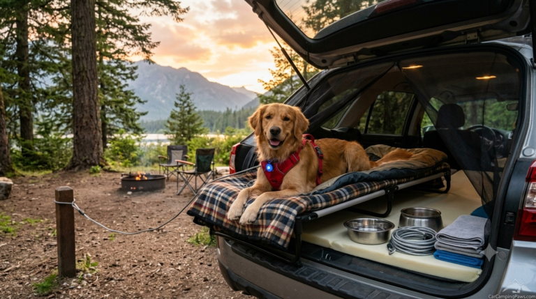 Golden Retriever enjoying dog friendly state parks for car camping at a scenic campsite