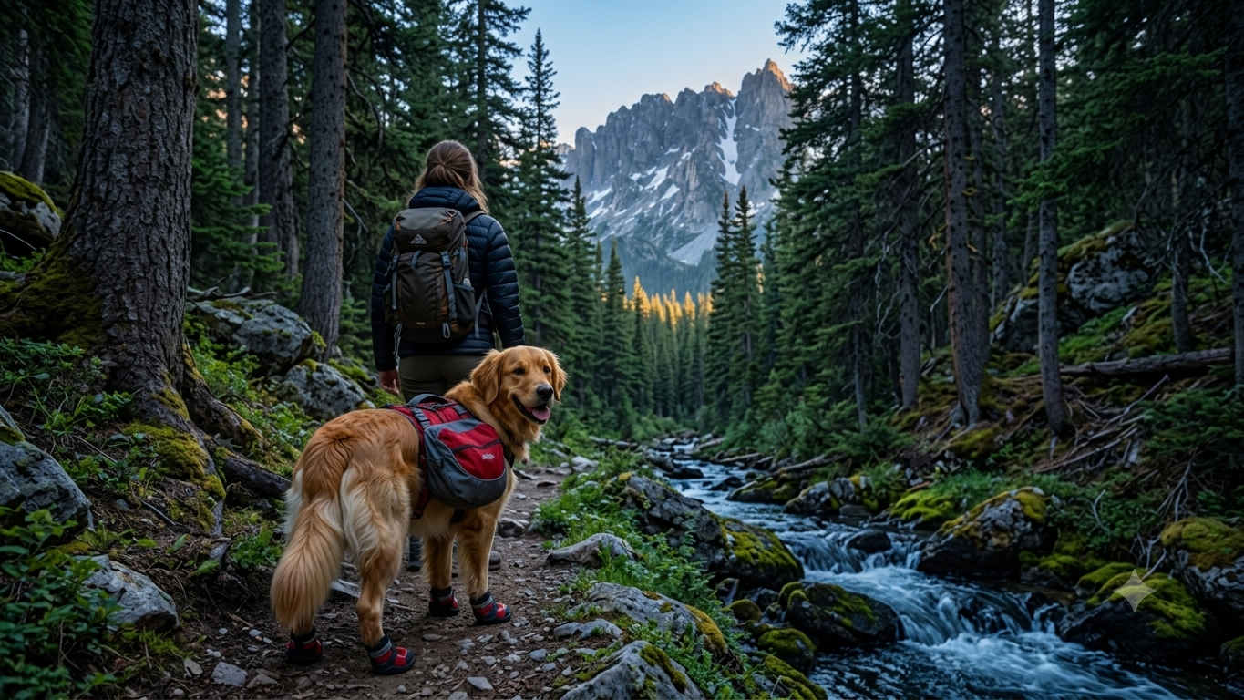A smiling Golden Retriever wearing red hiking booties and a backpack on a mountain trail, illustrating dog hiking safety.
