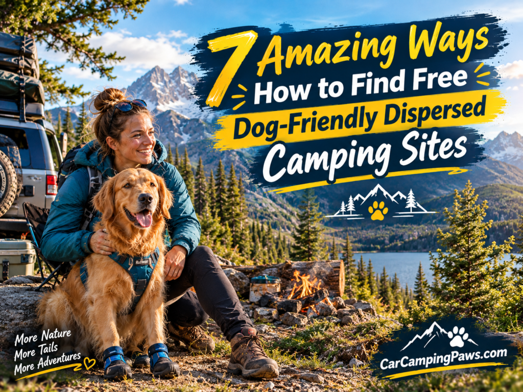 Alex and her Golden Retriever relaxing at a campsite during dog friendly dispersed camping in the mountains.