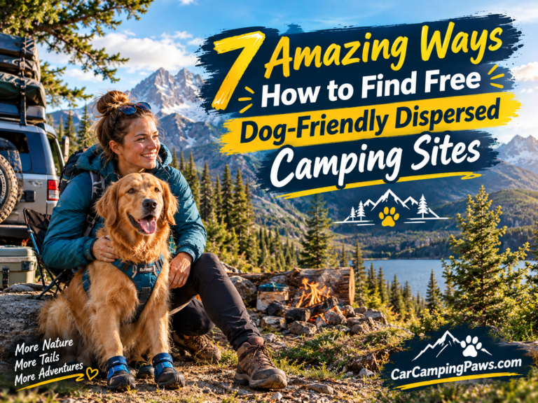 Alex and her Golden Retriever relaxing at a campsite during dog friendly dispersed camping in the mountains.