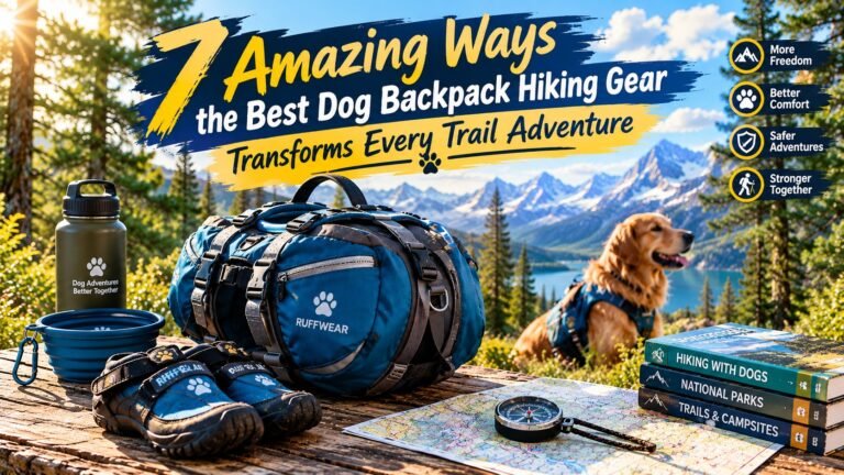 dog backpack hiking gear displayed with boots and map on a scenic trail.