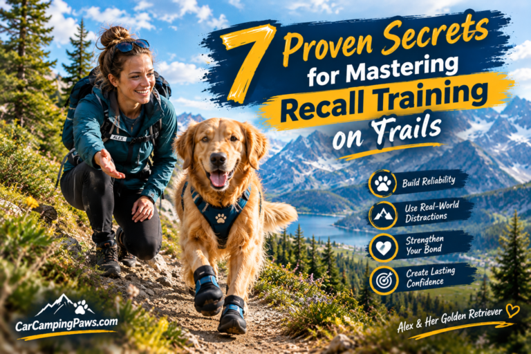 Alex and her Golden Retriever hiking in the mountains during recall training on trails