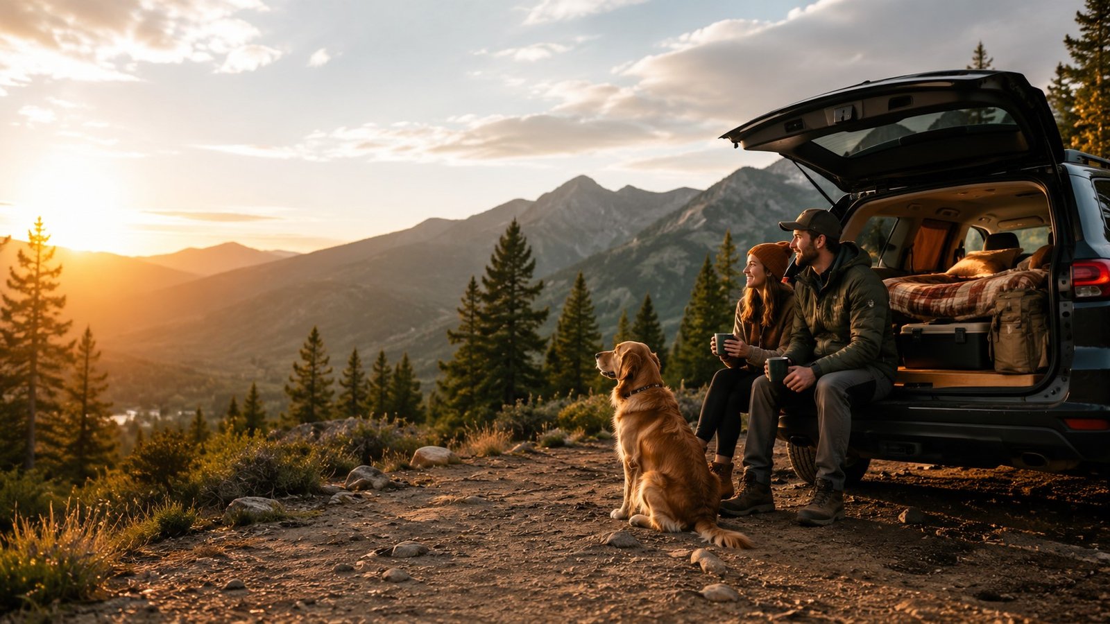 Car camping setup with a golden retriever dog and a couple enjoying the mountain sunset because adventures are better together.