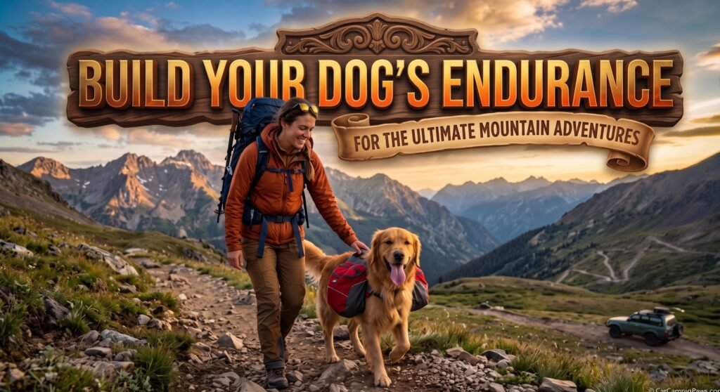 Female hiker and her Golden Retriever wearing a camping backpack on a mountain trail, demonstrating proper backpacking conditioning for dogs.