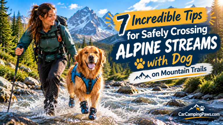 Female hiker Alex crossing alpine streams with dog on a mountain trail