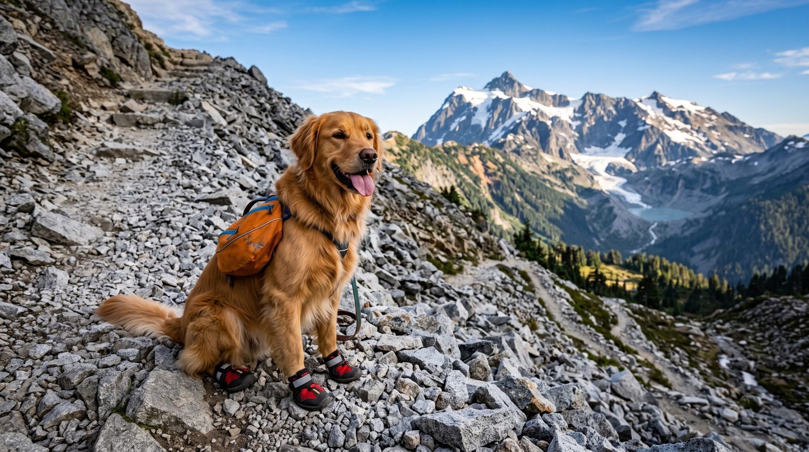 Happy Golden Retriever hiking on a rocky mountain trail wearing protective gear