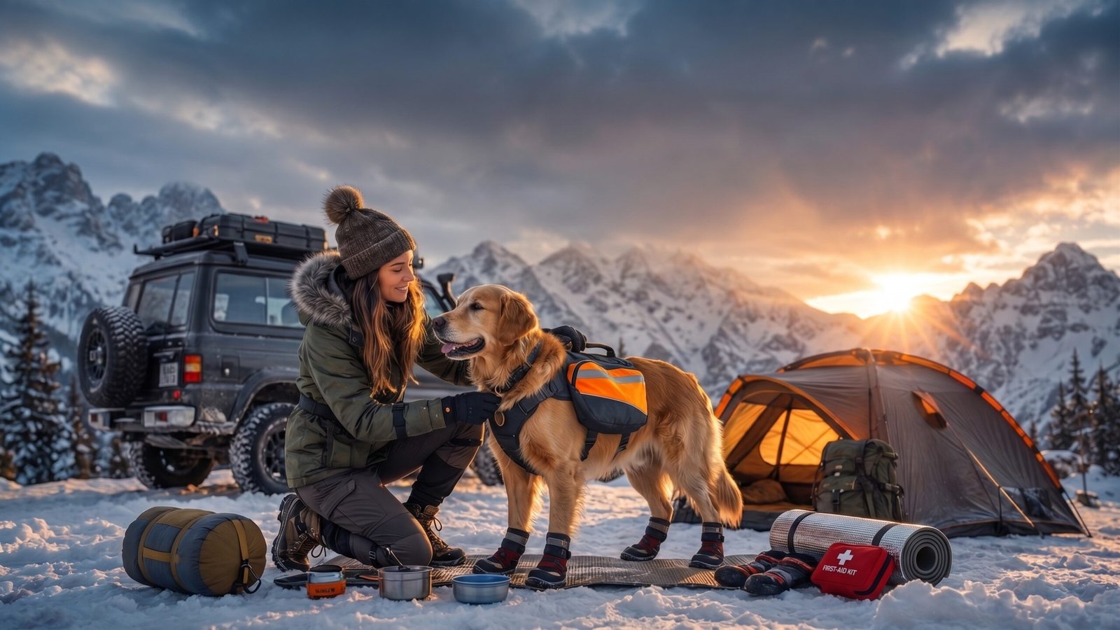 A woman in winter gear with a Golden Retriever wearing dog camping gear in the snow