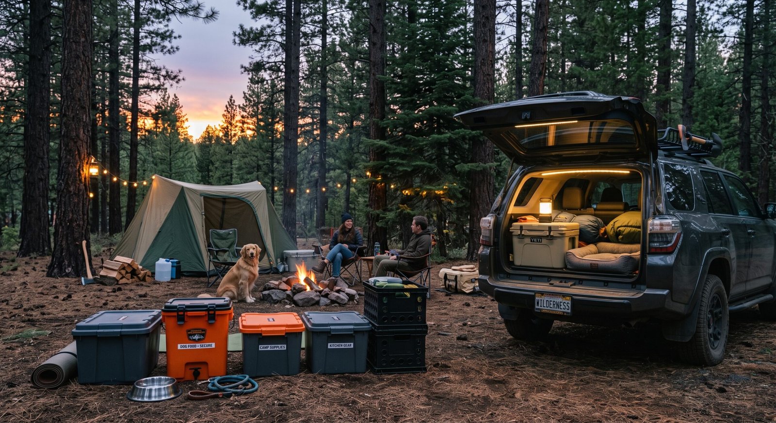 Airtight containers storing dog food securely near an SUV at a campsite to prevent wildlife attraction while car camping.