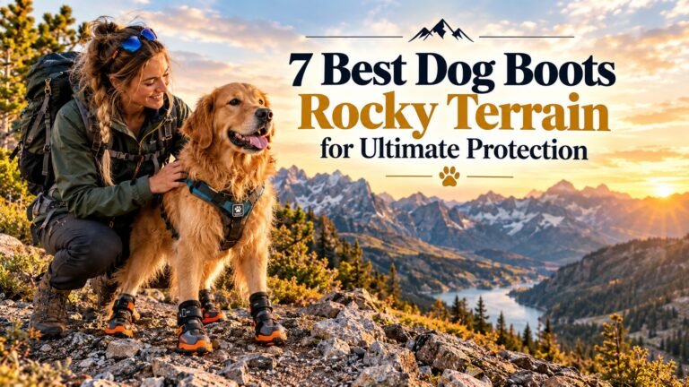 Golden Retriever dog and owner Alex wearing dog boots rocky terrain while hiking on a mountain trail.