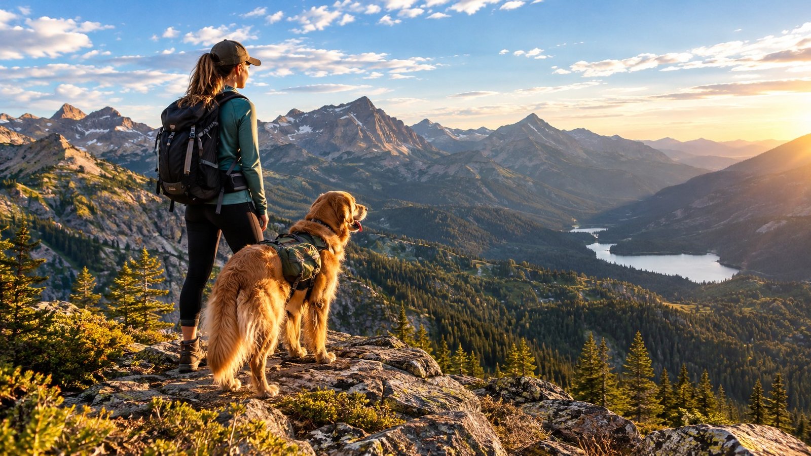 Hiker with dog enjoying mountain view in Utah
