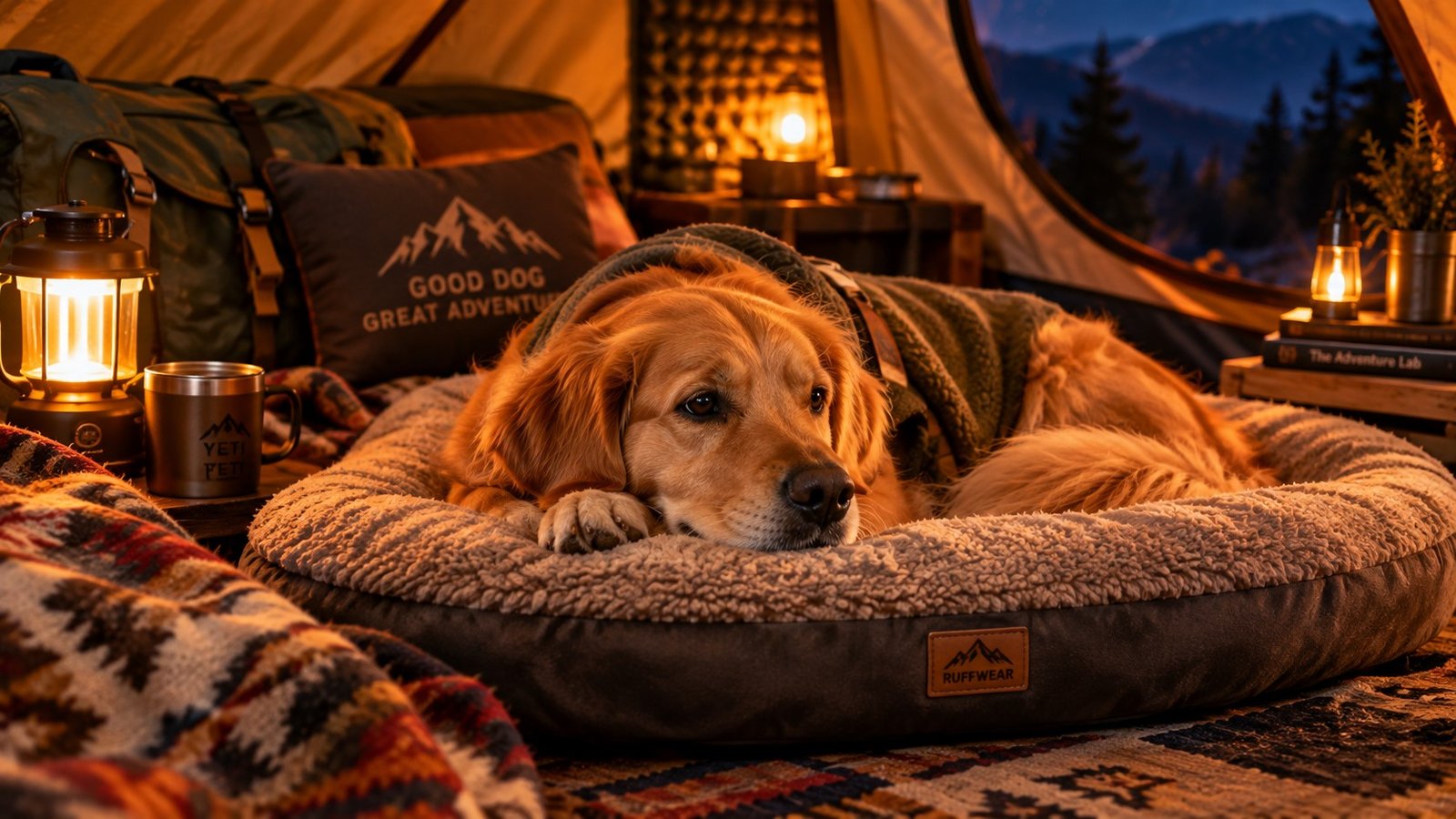Happy dog resting calmly inside a camping tent