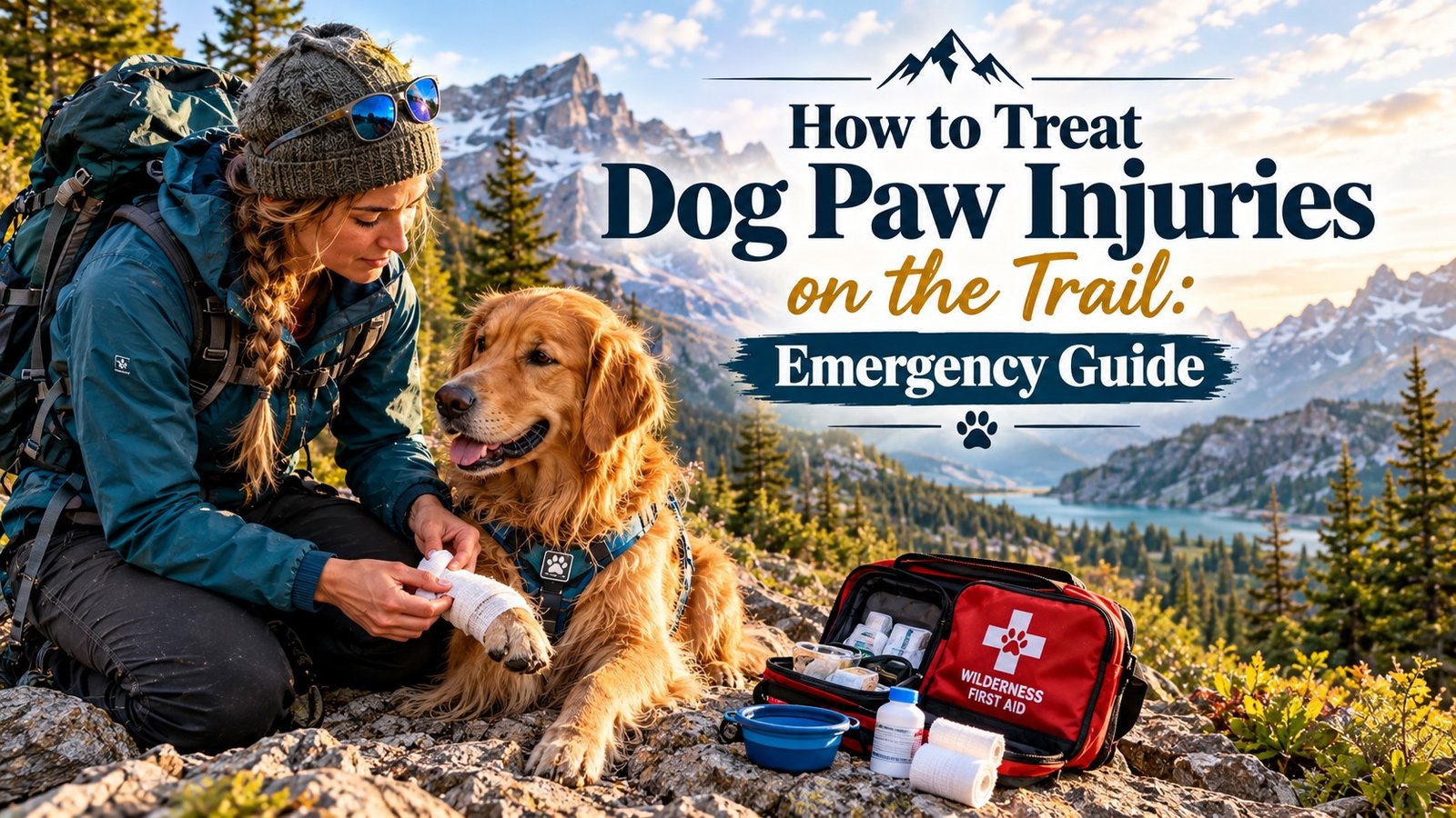 Female hiker bandaging a Golden Retriever's foot using a wilderness first aid kit to treat dog paw injuries hiking.
