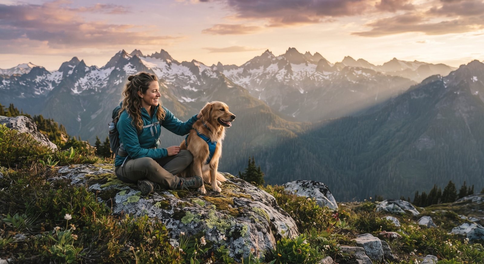 Happy Golden Retriever hiking on a Pacific Northwest mountain trail