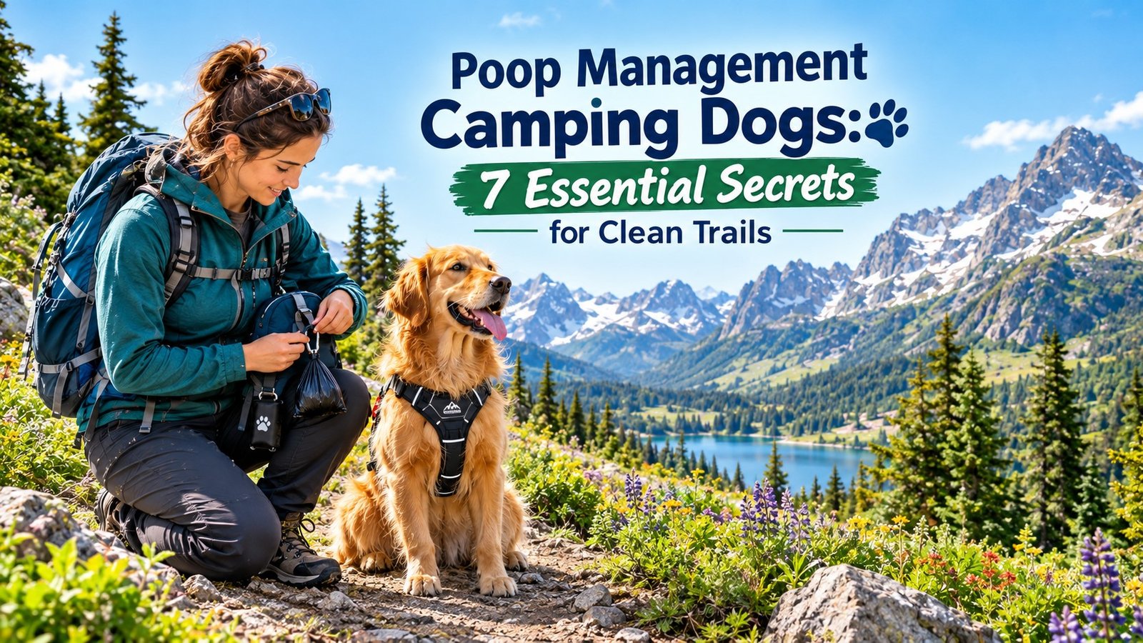 A hiker practicing effective poop management camping dogs by securing waste while a Golden Retriever sits on an alpine trail.