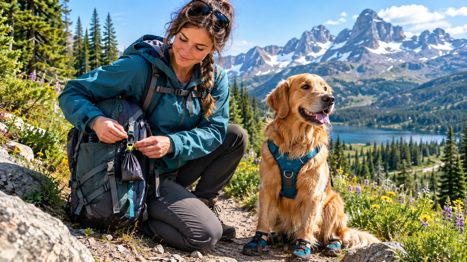 Person hiking on a mountain trail with a dog, demonstrating responsible pet waste packing