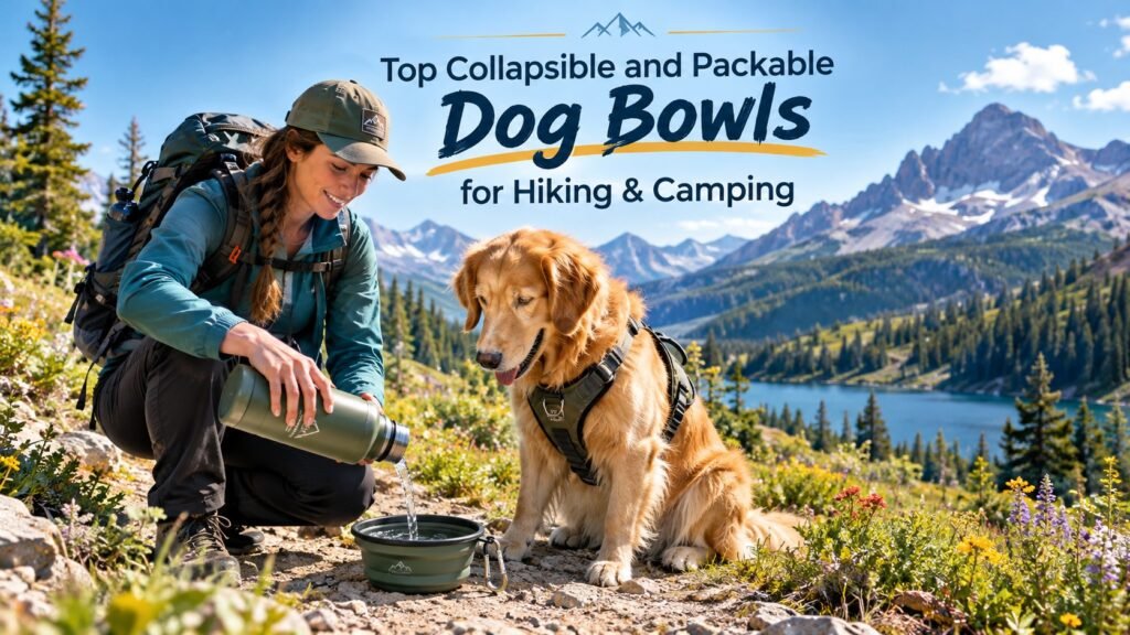 A hiker pouring water into a top collapsible and packable portable dog bowl camping gear on an alpine trail with a golden retriever.