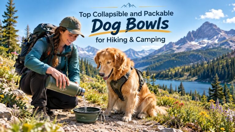 A hiker pouring water into a top collapsible and packable portable dog bowl camping gear on an alpine trail with a golden retriever.