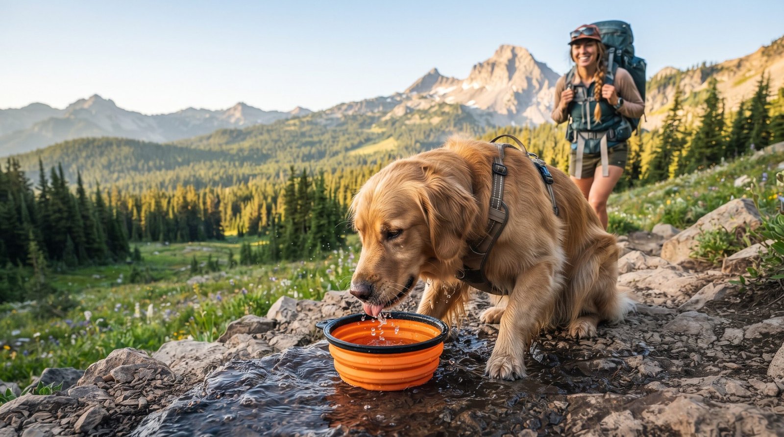 Dog eating from a portable bowl during a hiking and camping trip