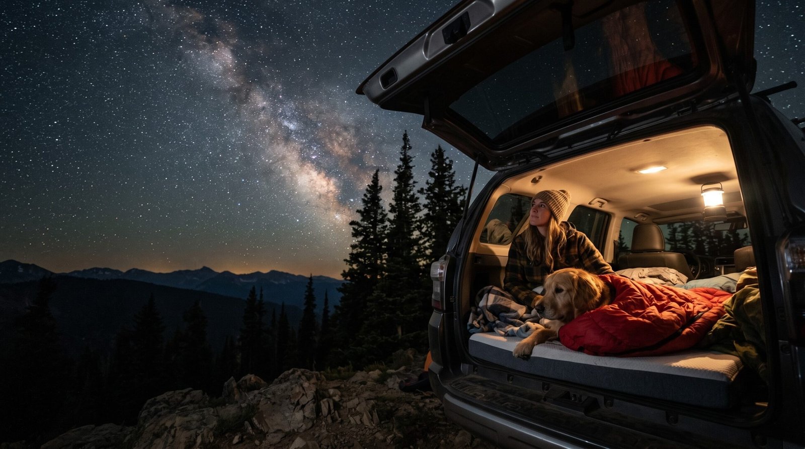 Dog looking at the starry night sky in the mountains