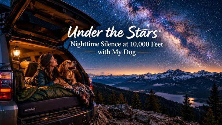 A hiker and her Golden Retriever looking at the starry night sky from their 4x4 SUV during a stargazing with dog mountain camp overnight stay.