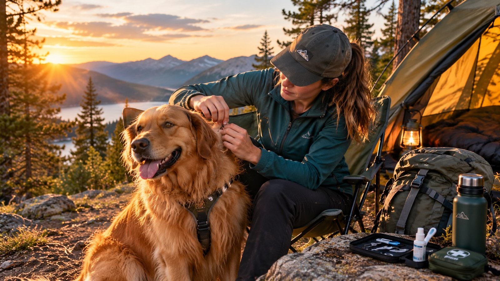 Dog being checked for ticks after hiking in the mountains