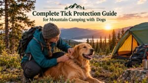 A hiker checking a Golden Retriever for parasites during tick prevention dog camping at a mountain campsite.