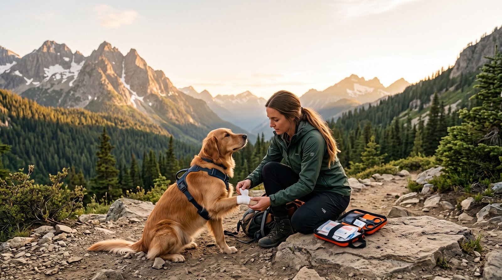 Hiker treating a dog's paw with a first aid kit on a mountain trail
