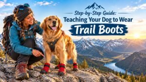 A happy Golden Retriever wearing protective red trail boots alongside a hiker on a mountain summit during training dog for dog boots.