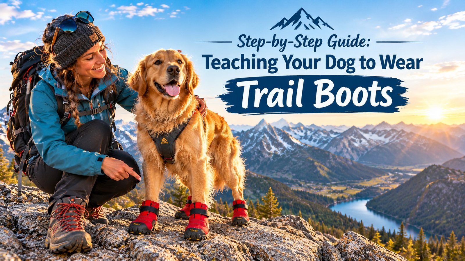 A happy Golden Retriever wearing protective red trail boots alongside a hiker on a mountain summit during training dog for dog boots.