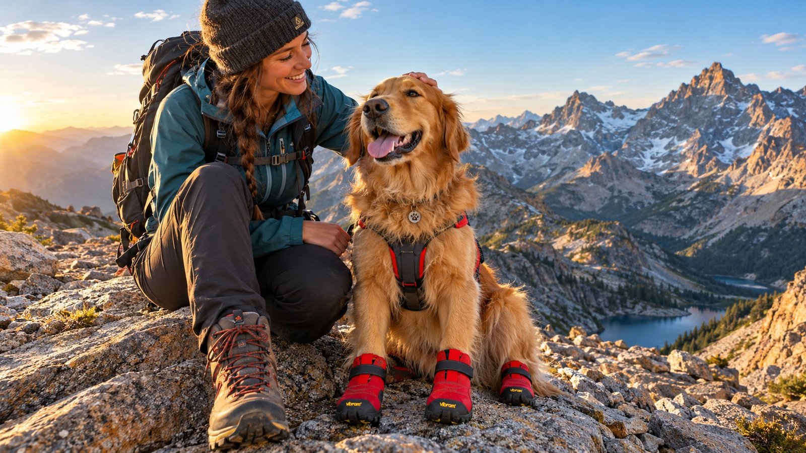 Dog wearing protective trail boots outdoors