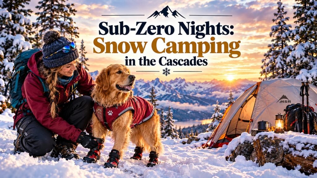 Female hiker adjusting winter boots on a Golden Retriever during a winter snow camp adventure dog expedition.