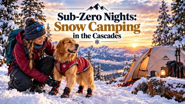 Female hiker adjusting winter boots on a Golden Retriever during a winter snow camp adventure dog expedition.
