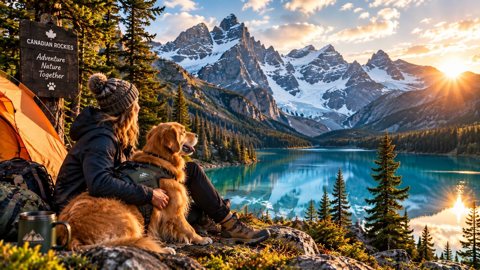 Hiker and dog sitting near a turquoise glacial lake during a dog friendly camping Canadian Rockies trip