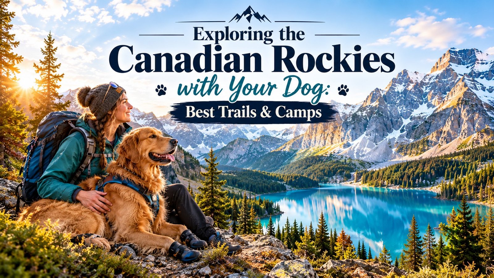 Alex and her Golden Retriever enjoying dog friendly camping Canadian Rockies near a beautiful turquoise glacial lake.
