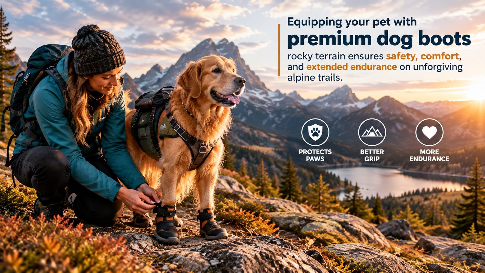 Active dog wearing dog boots rocky terrain while hiking on mountain trail
